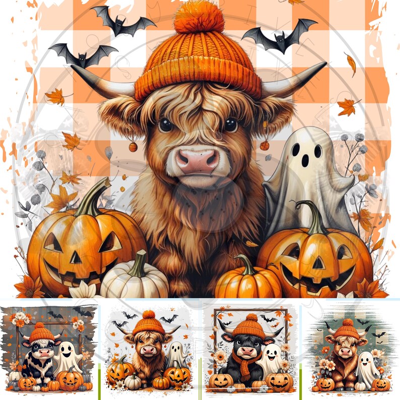 Highland Cow Halloween PNG Bundle, Fall Pumpkin Ghost Sublimation, Cute ...