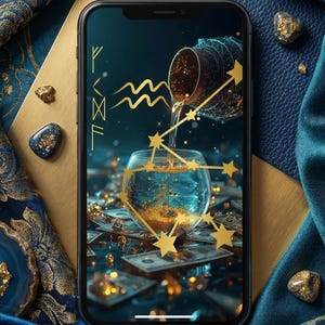 May include: A smartphone displays a digital art scene with a glass of liquid being poured into a glass, surrounded by gold stars and dollar bills. The background features blue and gold fabrics and decorative stones.