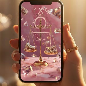 Może przedstawiać: Smartfon wyświetla projekt znaku zodiaku Waga. Obraz przedstawia złotą wagę z pieniędzmi w szalach, na różowym tle z diamentami i napisem "Libra".