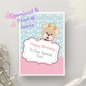 Carte d'anniversaire pour fille, mignon ours en peluche, imprimable, téléchargement, carte pliable.