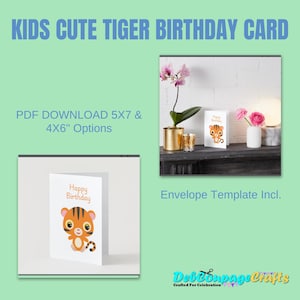 Biglietto di auguri di compleanno con un simpatico tema a forma di tigre, disponibile per il download e la stampa in PDF. Il biglietto può essere stampato in formato 10x15 cm o 13x18 cm con modello per busta.