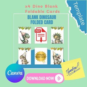 Modèles de cartes pliables dinosaures – Lot de 4 cartes éditables Canva | Cartes de voeux imprimables Dino pour enfants | Cartes d'anniversaire bricolage vierges