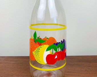 Retro 1980s Juice Bottle with Screened Colorful Fruit and Plastic Snap Lid | Vintage Summer Picnic Drinkware