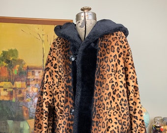 Oversized 1990s Hooded Leopard Fleece Winter Coat with Faux Fur Black Trim | Vintage Statement Outerwear, size LARGE