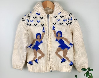 Kids' Cowichan Mary Maxim Wool Cardigan Sweater with Ice Skating/Rollerskating Design | 1970s Handmade Children's Sweater