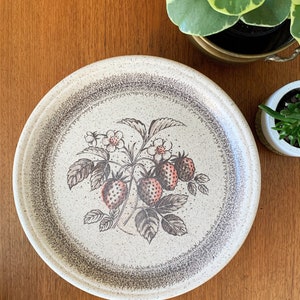 May include: A white ceramic plate with a brown speckled glaze features a stylised illustration of a strawberry plant with red and pink strawberries and white flowers.