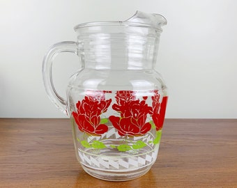 Mid Century Glass Juice Pitcher with Rose Design | 1950s Kitchen | Vintage Floral Summer Drinkware