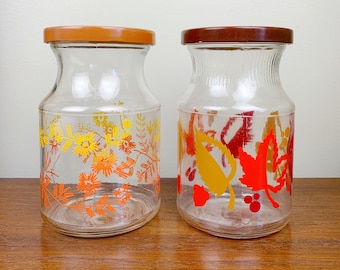 Set of two 1970s Glass Lidded Jars with Autumnal Leaves and Flowers | Vintage Kitchen Pantry Storage Containers