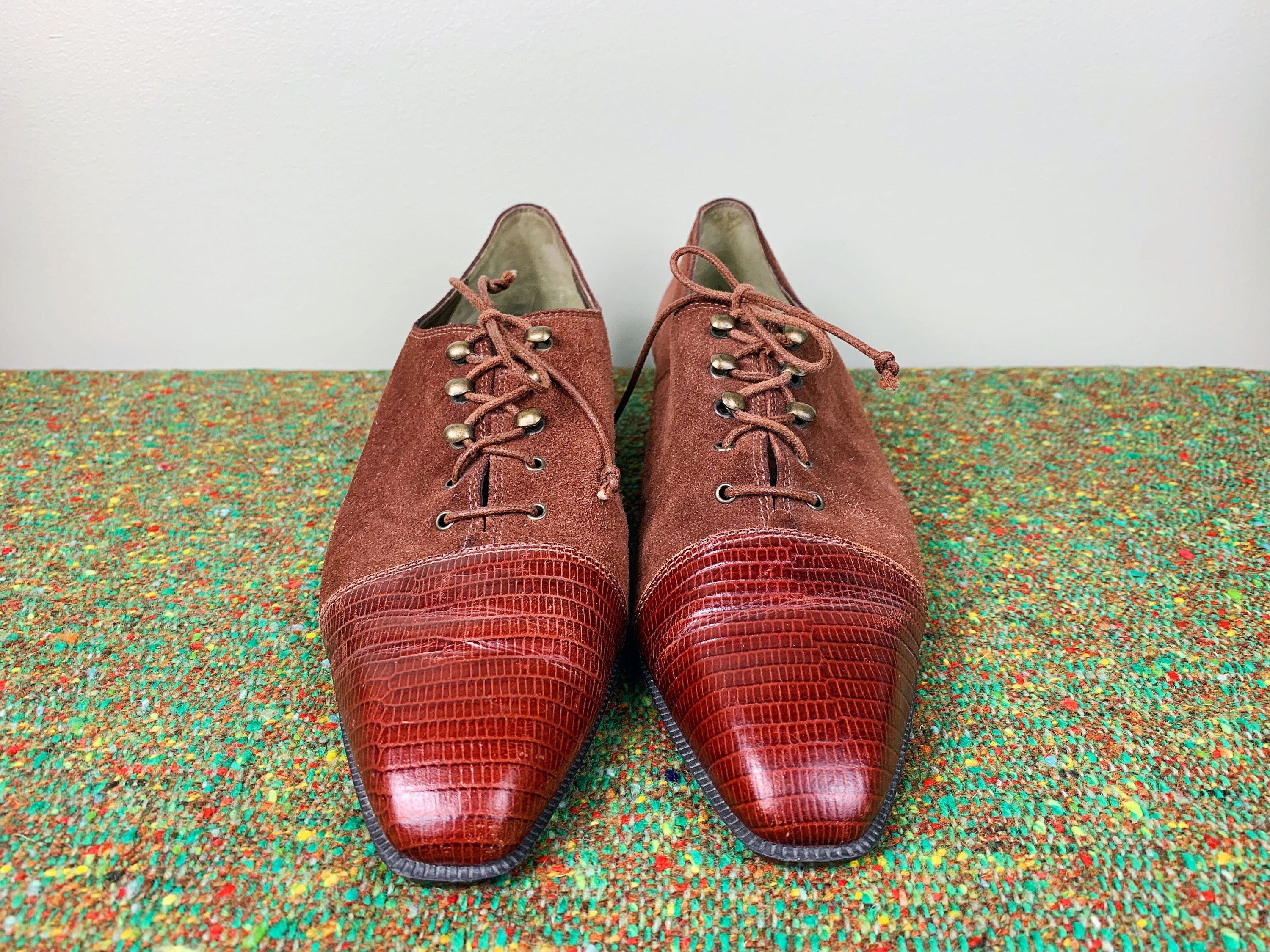 Brown Leather and Suede Women's Vintage Oxfords, Size 11 Genuine