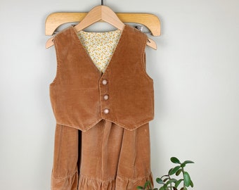 Handmade 1970s Two-Piece Children's Skirt and Vest Set | Vintage Brown Western Velvet Costume Set With Lace Detail and Floral Lining