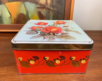 Square Gray Dunn Biscuits Floral Cookie Tin | Vintage Decorative Tin with Lid in Red and Gold Floral Motif, RARE Design | 1950s-1960s