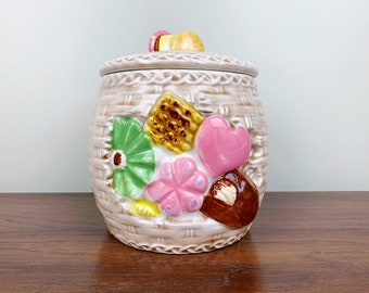 Unique Japan-Made Vintage Ceramic Cookie Jar | Rare 1960s Japanese Pottery Canister with Basket Weave and Cookie Design