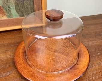 Vintage 1970s Cheese Server with Glass Dome Top and Solid Wood Base and Handle | Charcuterie Serving Tray Boho