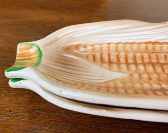 Set of Two Vintage Corn on the Cob Stacking Plates | 1980s Decorative Ceramic Corn Holders, Made in Japan | Novelty Picnic Serveware