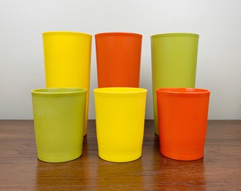 Set of 6 Original 1980s Tupperware Kids Drinking Cups in 2 Sizes, Including 2 Lids | Vintage Avocado, Orange, and Yellow Tupperware
