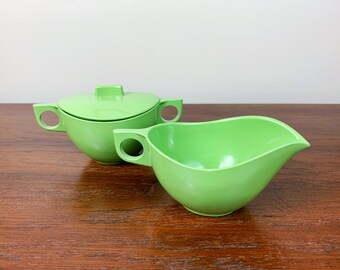 Vintage Melmac Melamine Cream and Sugar Set in Avocado Green | 1960s MCM Picnicware