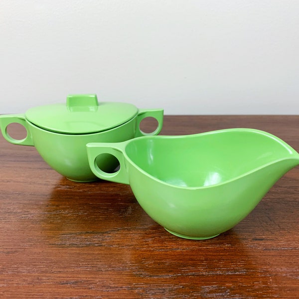 Vintage Melmac Melamine Cream and Sugar Set in Avocado Green | 1960s MCM Picnicware