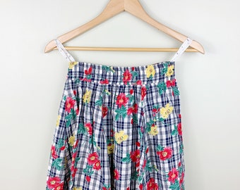 Short Full Vintage Skirt in Plaid and Floral Motif | Vintage Women's Apparel | Size SMALL/MEDIUM