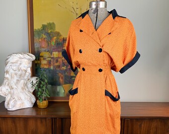 Vintage 1990s-Does-1950s PJ Klein Orange and Black Polkadot Collared Midi Dress