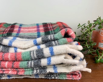 Ottawa Valley Vintage Wool Plaid Blanket in Red, White, Blue, and Green Tartan | 1950s Throw Blanket for Camp or Travel | Made in Canada