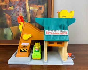 1970s Fisher Price Lift and Load Depot Garage and Construction Play Set for Kids | Rare Vintage Kids Toy, Made in the USA, 1976