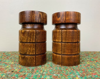 Oversized MCM Wooden Salt and Pepper Shakers with Screw Lids | Vintage Spice Canisters | Retro Kitchen Tools and Decor