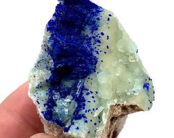 May include: A natural mineral specimen featuring a vibrant display of deep blue azurite crystals contrasted against a pale green matrix. The rough, irregular shape of the stone adds to its raw beauty. The mineral is held in a hand.