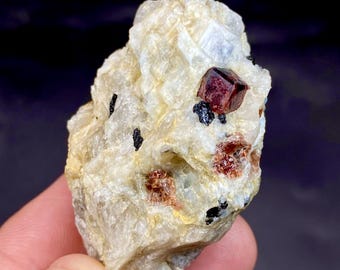 Raw Etched Spessartine Garnet With Black Tourmaline On Feldspar Matrix – Pakistan Healing Crystal (49 Gram)