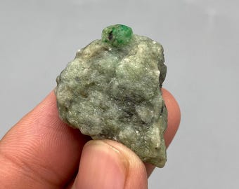 May include: A rough, light green stone with a small, vibrant green crystal on top. The stone is held in a hand against a gray background. The crystal is a bright, saturated green.