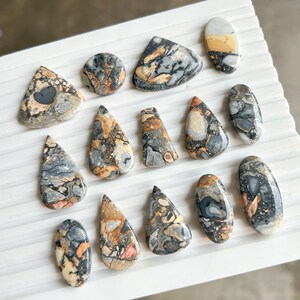 Puede incluir: Una colecci&oacute;n de piedras preciosas pulidas en varias formas, incluyendo gotas, &oacute;valos y tri&aacute;ngulos. Las piedras presentan una mezcla de colores gris, negro, naranja y crema, con patrones y texturas &uacute;nicos. Las piedras preciosas est&aacute;n dispuestas sobre una superficie blanca.