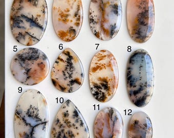May include: A collection of twelve polished dendritic opal gemstones in various shapes, including oval, teardrop, and round. The opals display a range of colors, including white, cream, orange, and black, with intricate dendritic patterns resembling tree-like formations.