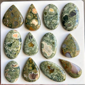 May include: A collection of twelve polished gemstones in various shapes, including teardrop and oval. The stones feature a mix of green, brown, and cream colors with unique patterns and textures. These natural stones are ideal for jewelry making or collecting.