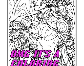 Adult Coloring Sheet - Fiery djinn - Printable, Instant Download, DIY, Male Pin-up, Adult, Djinn, Jewelry