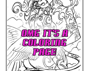 Adult Coloring Sheet - Celestials in Love - Printable, Instant Download, DIY, Pin-up, Adult, Kiss, Angel, Demon