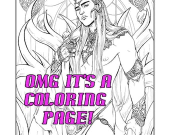 Adult Coloring Sheet - Elf Lord - Printable, Instant Download, DIY, Male Pin-up, Adult, Fantasy, King, Elf