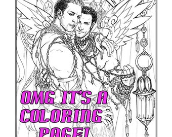 Adult Coloring Sheet - Lovely Angels - Printable, Instant Download, DIY, Male Pin-up, Adult, Baubles, Lanterns, Jewelry