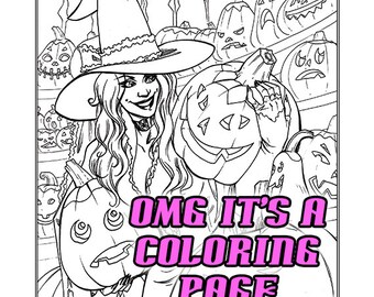 All Ages Coloring Sheet - Witchy Pumpkin Patch - Printable, Instant Download, DIY, Halloween, Witch, Jack o Lanterns, Pumpkins