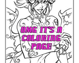 Adult Coloring Sheet - Horned - Printable, Instant Download, DIY, Female Pin-up, Adult,  Demon
