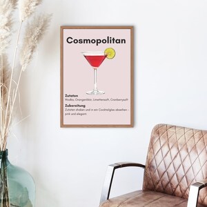 Póster de cóctel Cosmopolitan, decoración de bar con recetas, cocina, regalo de fiesta para amantes de los cócteles, póster mate DIN A4 A3