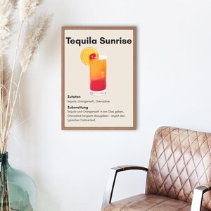 Póster impreso de cóctel Tequila Sunrice, decoración de bar con receta, ideal para cocina, salón o fiesta, ideal como regalo para amantes de los cócteles (tamaño DIN A4 y A3).