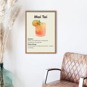 Póster impreso de cóctel Mai Tai para decorar bares (con recetas) - Ideal para cocina, salón y fiestas - Póster mate DIN A4 A3