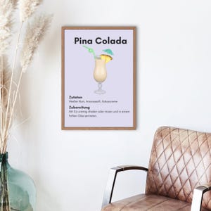 Póster de cóctel de piña colada, decoración de bar con recetas, ideal para cocina, salón y fiestas, ideal como regalo para amantes de los cócteles, en formato DIN A4 y A3.