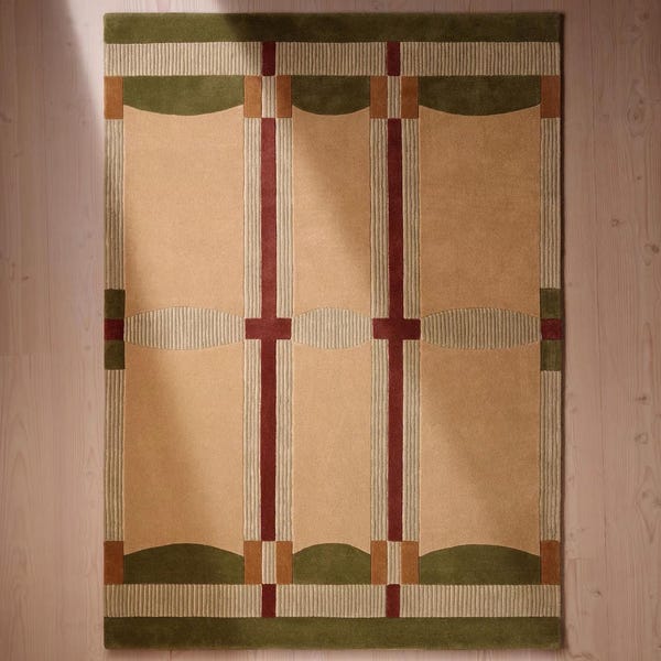 Tappeto in lana Art Déco geometrico annodato a mano - Beige, oliva e ruggine, tappeto moderno, tappeto con motivo contemporaneo, tappeto per soggiorno di metà secolo