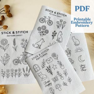 Könnte beinhalten: Vier weiße Musterblätter mit schwarzen Strichzeichnungen von Blumen, Tieren und einem Fahrrad. Der Text "STICK & STITCH PATTERN SHEET" ist oben auf den Blättern aufgedruckt. Der Text "PDF Printable Embroidery Pattern" befindet sich in der oberen rechten Ecke. Ein Blatt sagt "Choose Happy" und "You got this".