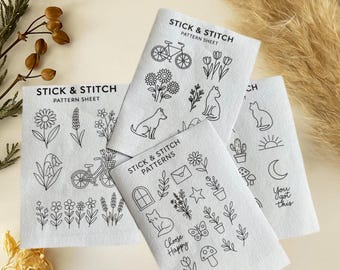 Stick & Stitch Embroidery Pattern Sheet | Water-Soluble Designs for Hand Embroidery | Wildflowers, Lavender, Daisies, Bicycle, Tulip, cat