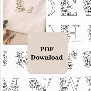 Puede incluir: Un bolso tote beige con una "L" floral bordada y una colección de letras decoradas con flores. La imagen también incluye un gráfico de "Descarga PDF". Las letras están delineadas y decoradas con flores.