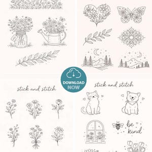 May include: A collection of black and white line art illustrations featuring floral designs, butterflies, cats, dogs, and the text "stick and stitch" and "be kind". Includes a "Download Now" button.