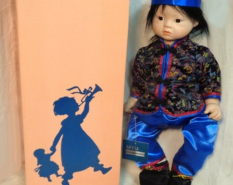 Vintage Marian Yu Designs Porcelain Doll-Large Asian Boy w/Playable Daiko Pellet Drum-Pre-owned(Please see description details on condition)