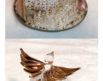 Hand Blown-Made Glass Large Bird atop small pair of bells - 24kt Gold trim - Decorative glass mounted to mirror base!