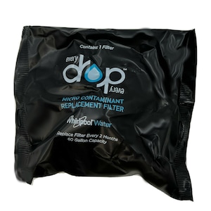 May include: Black plastic packaging for a water filter. The packaging says "every drop" and "micro contaminant replacement filter". It also says "Whirlpool Water" and "Replace Filter Every 2 Months 60 Gallon Capacity".